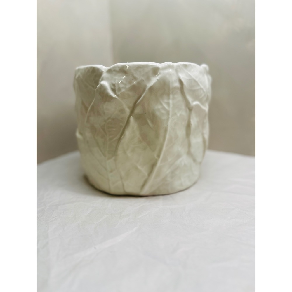 Vintage White Cabbage Leaf Ceramic Planter Cachepot Glossy Majolica Style Pot